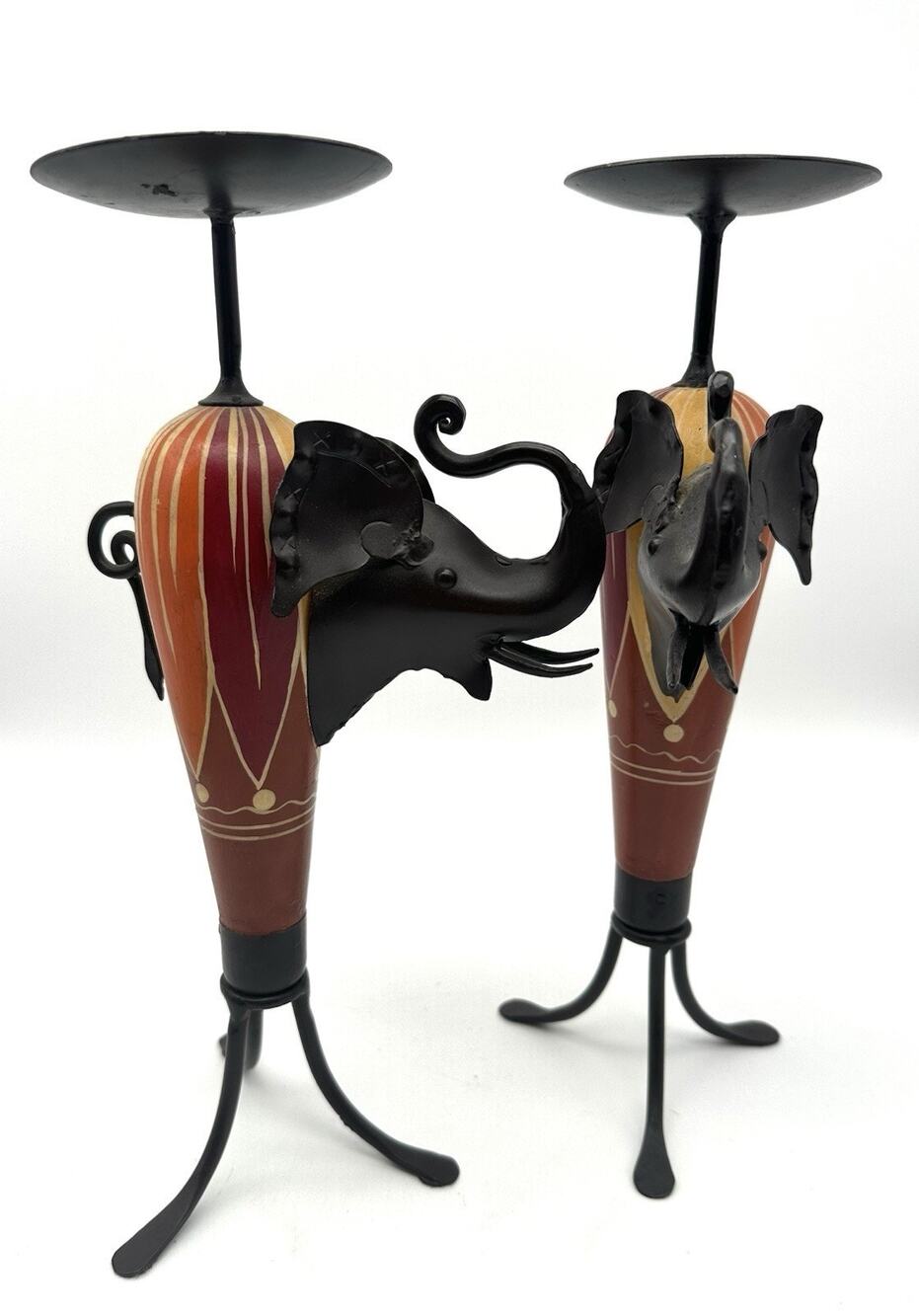 Pier 1 Imports Pillar Candle Holders Elephants Metal Wood Hand Painted Pair